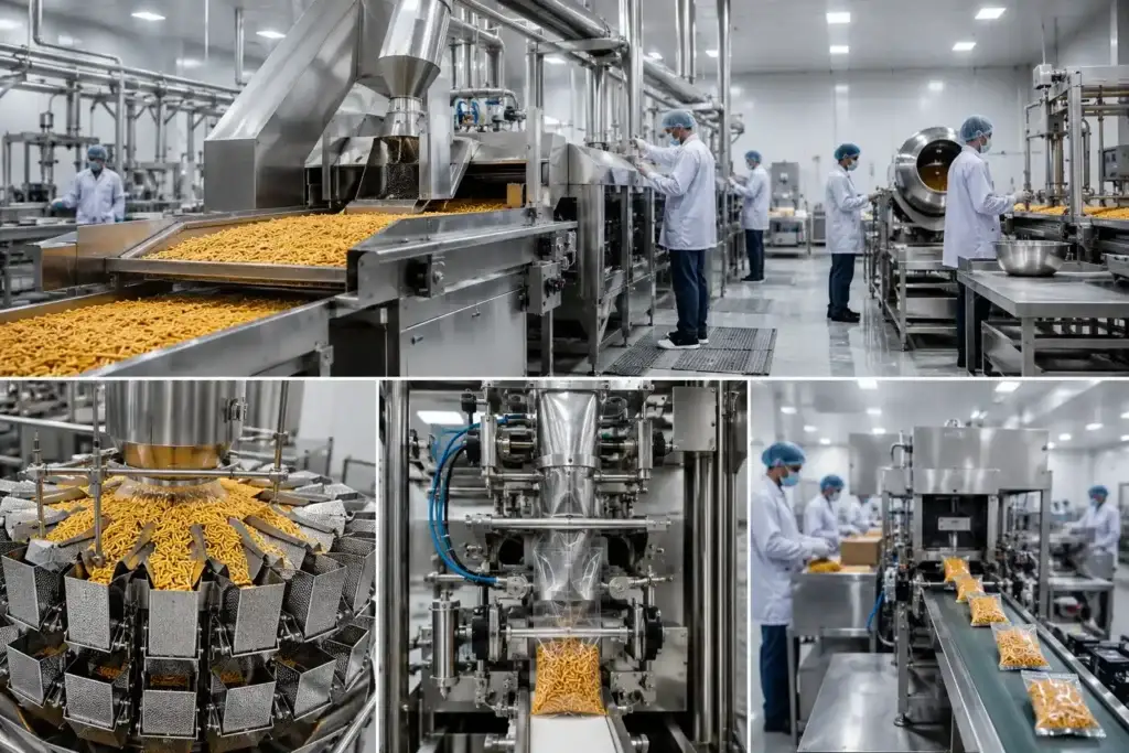 Modern namkeen manufacturing process with automated food production and packaging