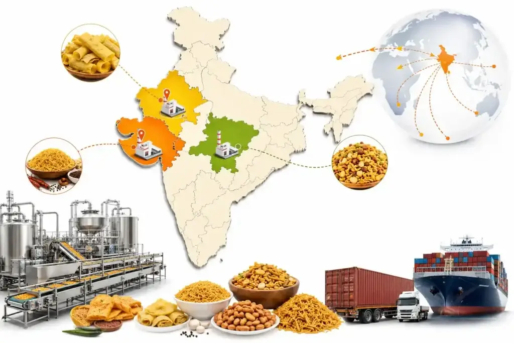 Major namkeen manufacturing hubs in India including Gujarat Rajasthan and Madhya Pradesh